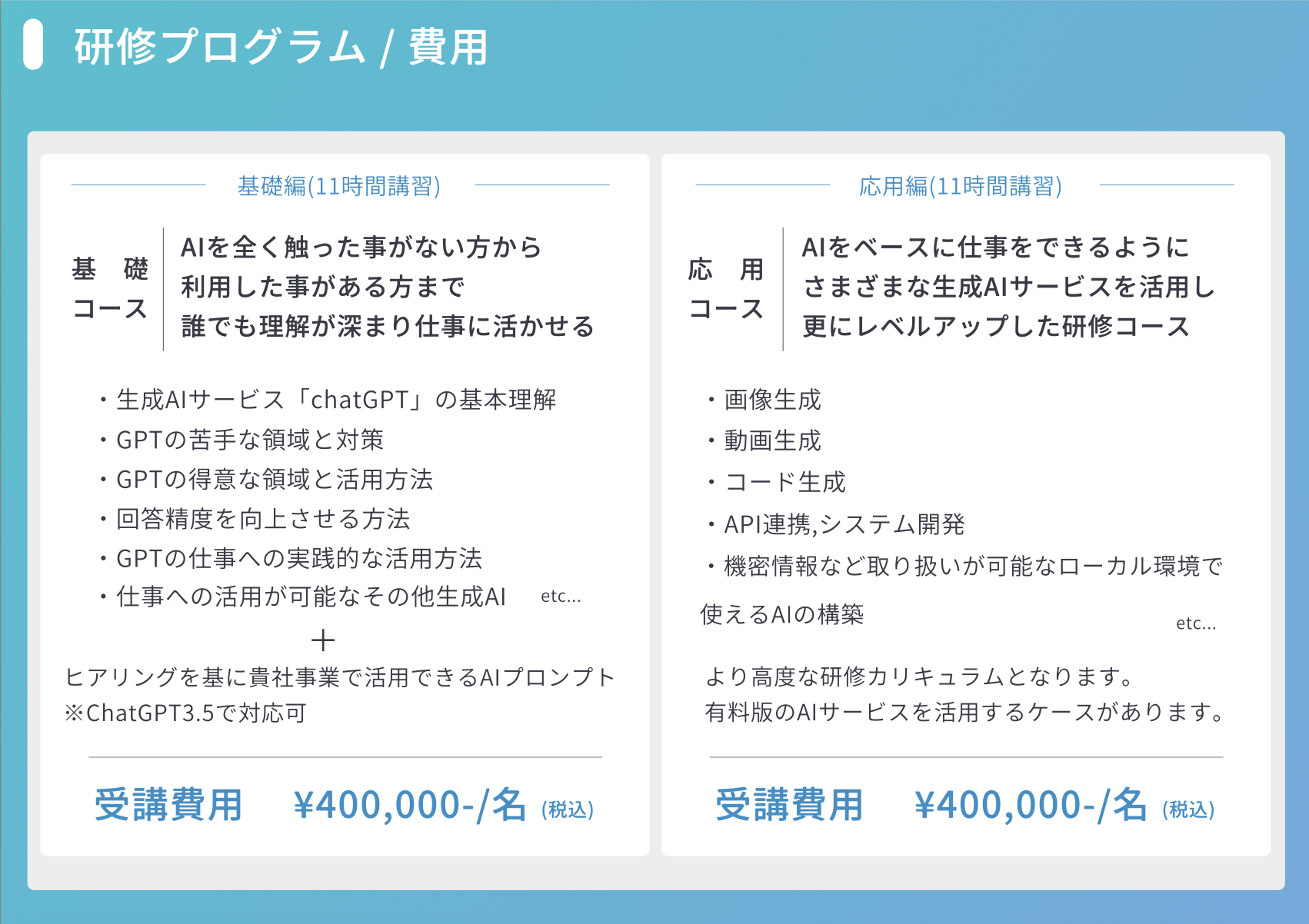 研修プログラム料金表